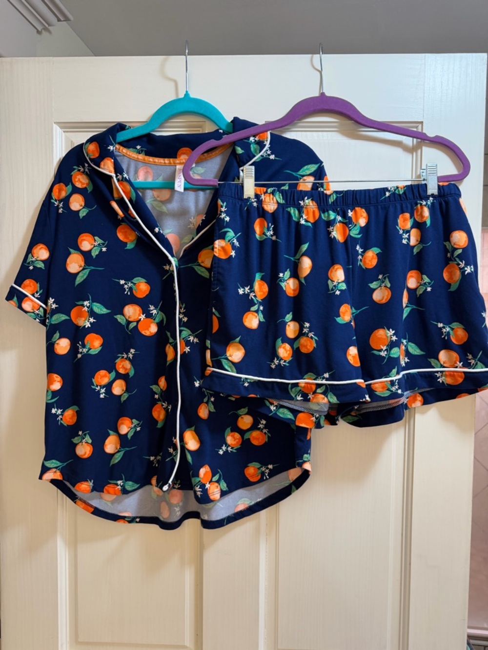 Women's Navy Orange-Print Short Pajama Set